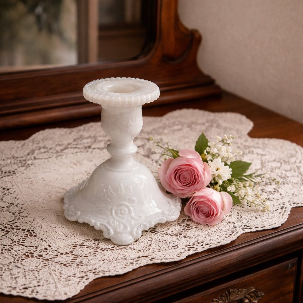 Vintage Westmoreland Milk Glass Candlestick Holder 'Scroll and Lace' 4.25" tall